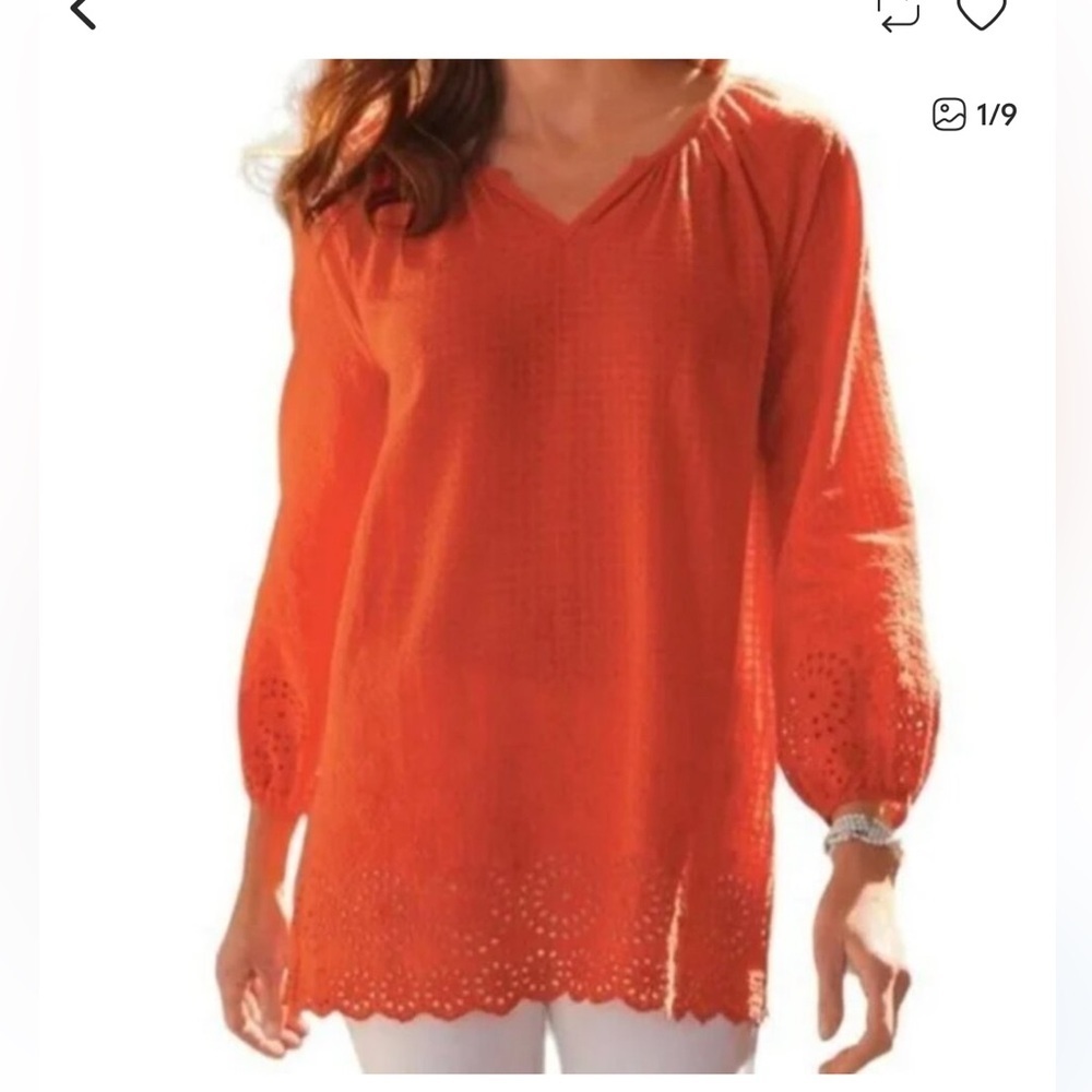 Soft Surroundings Long Sleeve Eyelet Tunic Size XL Orange Cotton V-Neck Boho
